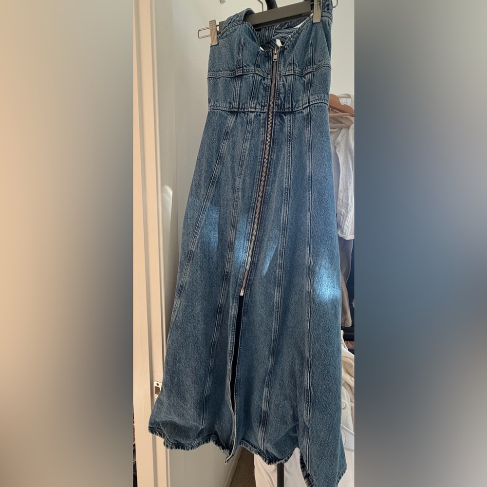 Reformation halter neck Denim Maxi Skirt with Front Zipper
